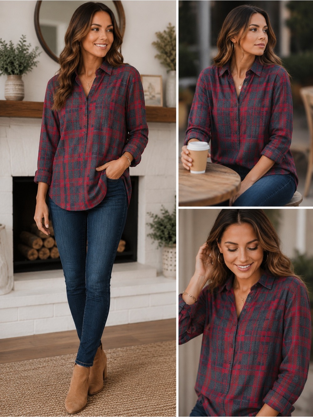 CAbi Red Gray Plaid Popover Tunic Shirt Small Soft Lightweight Long Sleeve